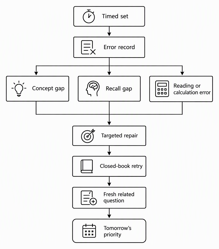 A revision feedback flow showing a timed set leading to an error record, branching into concept gap, recall gap and reading or calculation error, then rejoining at targeted repair, closed-book retry, fresh related question and tomorrow’s priority.
