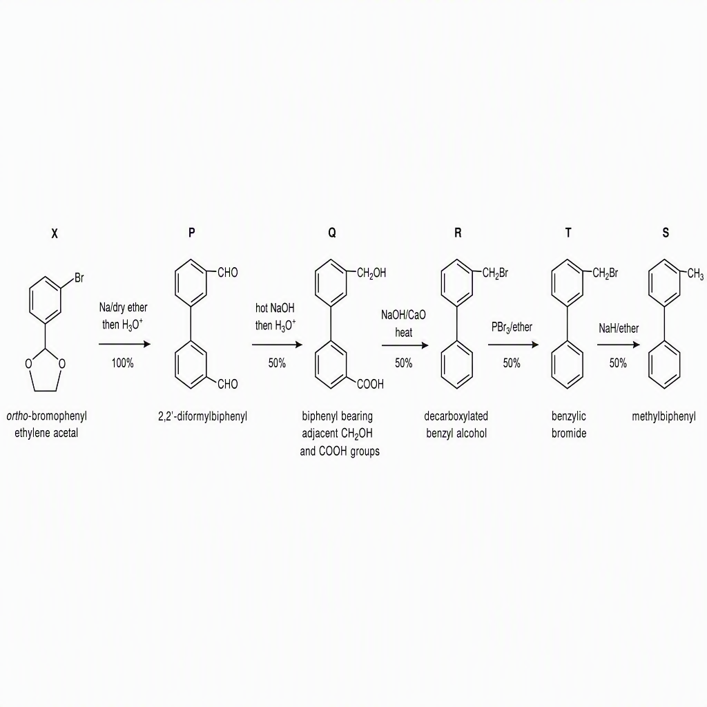 The left-to-right sequence X → P → Q → R → T → S, labelling X as ortho-bromophenyl ethylene acetal, P as 2,2′-diformylbiphenyl, Q as the biphenyl bearing adjacent CH2OH and COOH groups, R as the corresponding decarboxylated benzyl alcohol, T as its benzylic bromide and S as methy