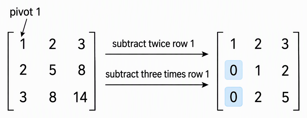 The numerical determinant with rows (1,2,3), (2,5,8), (3,8,14) transforming into rows (1,2,3), (0,1,2), (0,2,5), with the top-left pivot labelled “pivot 1”, arrows labelled “subtract twice row 1” and “subtract three times row 1”, and the two new first-column zeros highlighted.