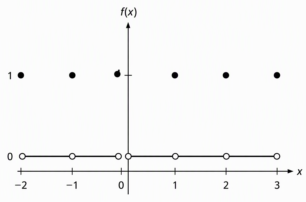 A graph of f(x)=floor(x)+floor(1-x) from x=-2 to x=3 with axes labelled x and f(x), horizontal segments at height 0 between consecutive integers, open circles at height 0 at each integer, and filled circles at height 1 at each integer.