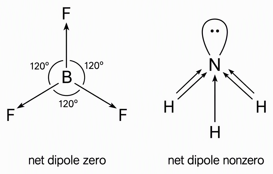 Side-by-side molecular arrangements showing trigonal-planar BF3 with B central, three F atoms 120 degrees apart and equal bond-dipole arrows directed toward F labelled net dipole zero, and trigonal-pyramidal NH3 with N above three H atoms, a lone pair on N and bond-dipole arrows