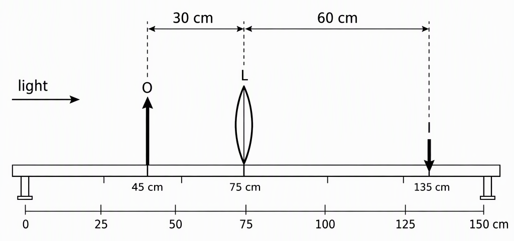 A horizontal optical bench labelled 0–150 cm with light travelling left to right, an upright object pin O at 45 cm, a convex lens L at 75 cm and an inverted real image coinciding with image pin I at 135 cm, marking the O–L separation as 30 cm and the L–I separation as 60 cm.