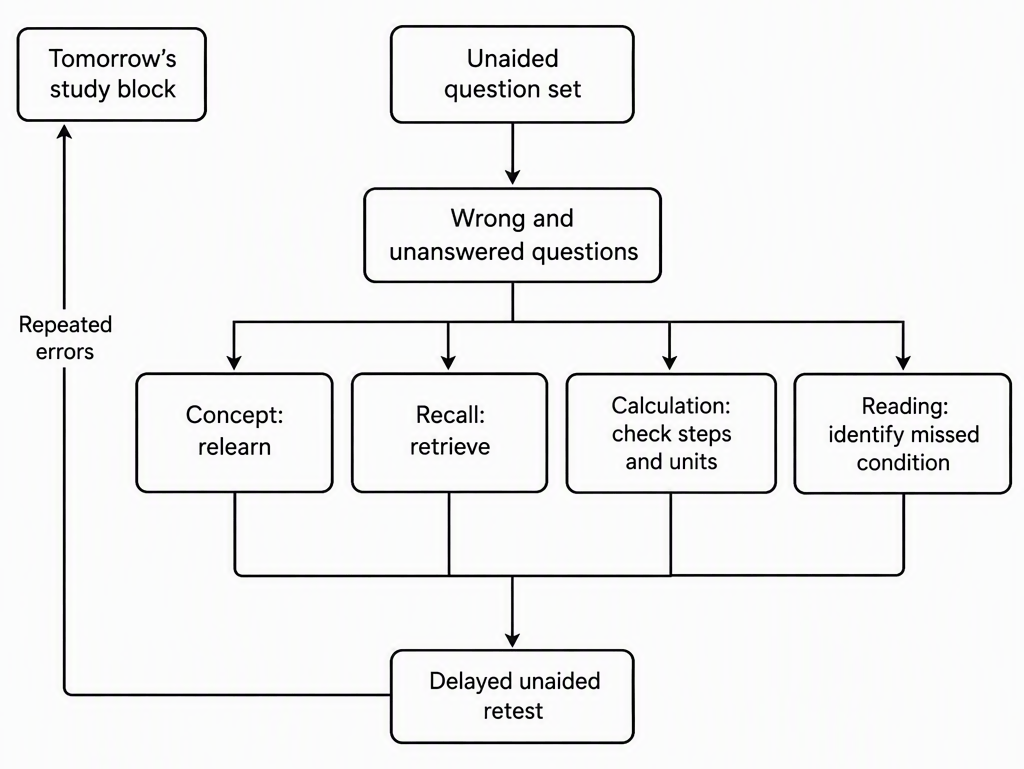 A study feedback flow from “Unaided question set” to “Wrong and unanswered questions” branching into “Concept: relearn”, “Recall: retrieve”, “Calculation: check steps and units” and “Reading: identify missed condition”, with all branches joining “Delayed unaided retest” and an