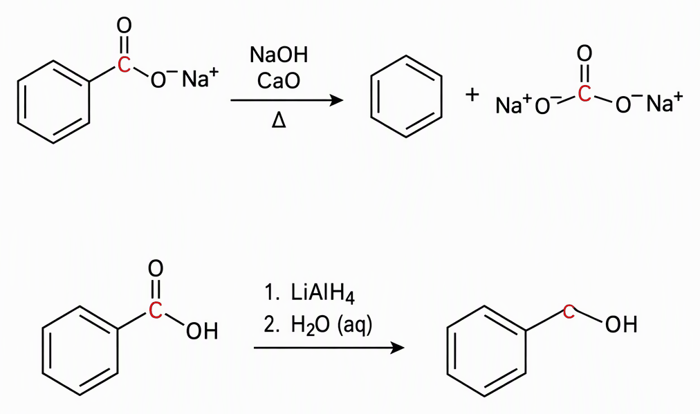 Sodium benzoate with its carboxyl carbon highlighted converting on heating with sodium hydroxide and calcium oxide to benzene plus sodium carbonate with the highlighted carbon, alongside benzoic acid reduced by lithium aluminium hydride then aqueous work-up to benzyl alcohol