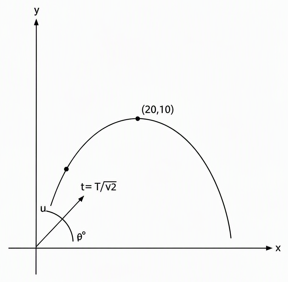 Parabolic trajectory of a projectile launched from the origin at 45° to the positive x-axis, clearly passing through the labeled coordinate point (20,10), with x and y axes, launch velocity vector u, angle θ marked, and a dot indicating the location at t = T/√2 along the path.