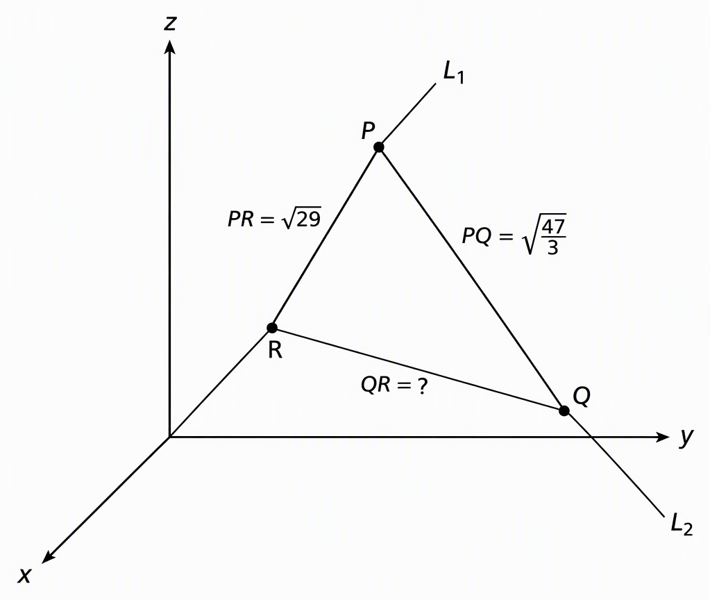 A schematic 3D coordinate frame labelled x, y and z with lines L1 and L2 meeting at R, point P on L1 in the first octant and point Q on L2, joining P to Q and labelling PR = √29, PQ = √(47/3) and QR as the unknown distance.