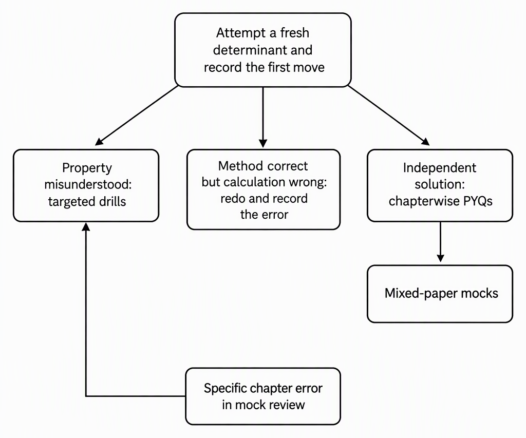 A decision flow starts at “Attempt a fresh determinant and record the first move”, branches to “Property misunderstood: targeted drills”, “Method correct but calculation wrong: redo and record the error”, and “Independent solution: chapterwise PYQs”, then leads from PYQs to