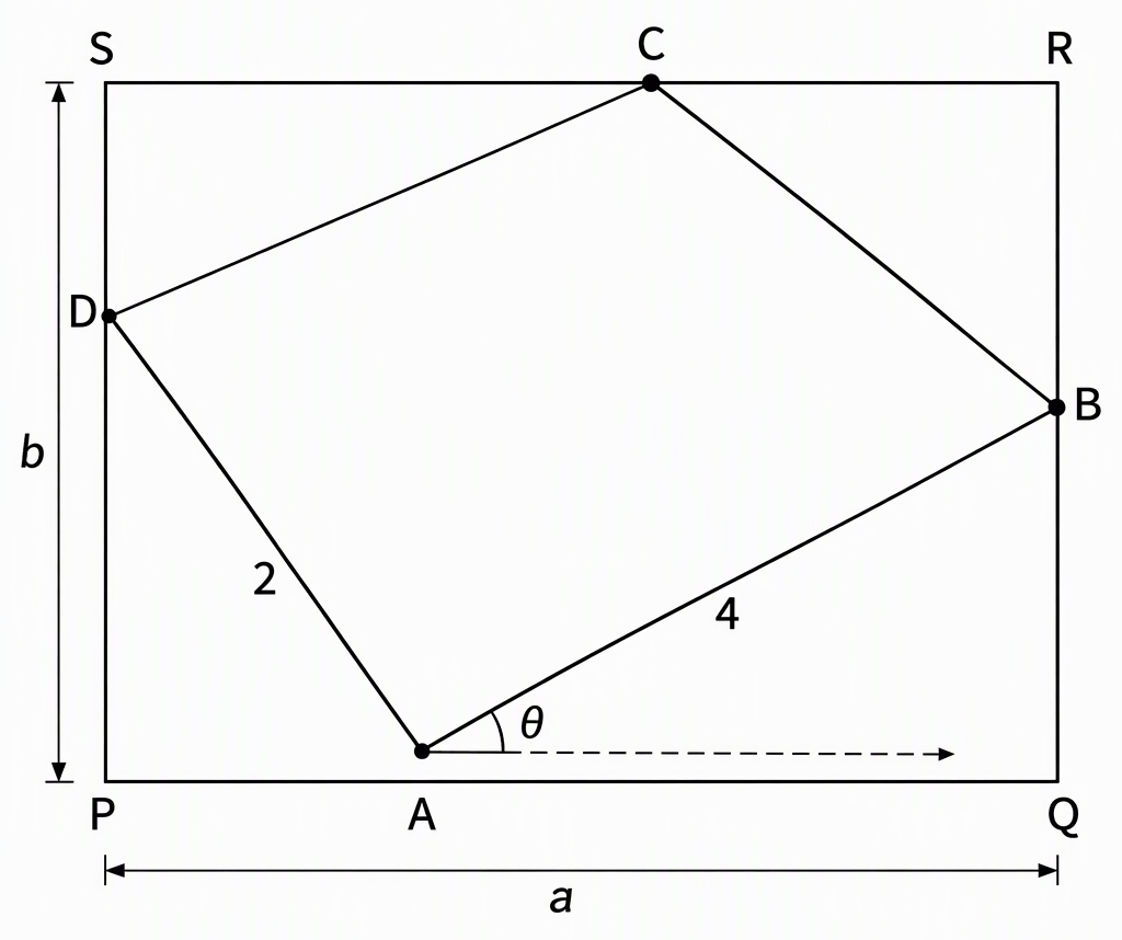 Outer rectangle PQRS with P bottom-left, Q bottom-right, R top-right and S top-left, label PQ=a and PS=b, place inner vertices A on PQ, B on QR, C on RS and D on SP, label AB=4 and AD=2, and mark the acute angle θ between AB and a dashed horizontal ray from A parallel to PQ.