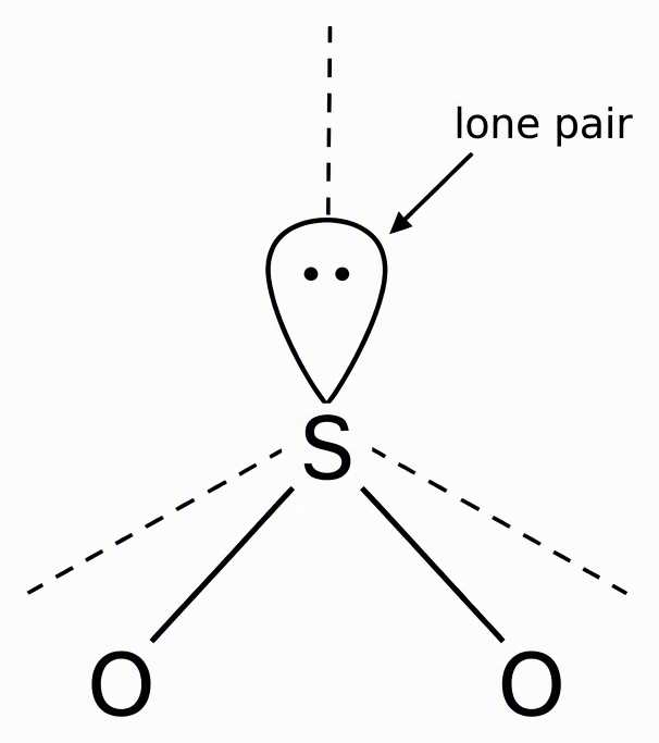 A sulphur dioxide molecule with central S bonded to two O atoms in a bent arrangement, one lone-pair region labelled on S, and three dashed directions indicating trigonal-planar electron-region geometry.