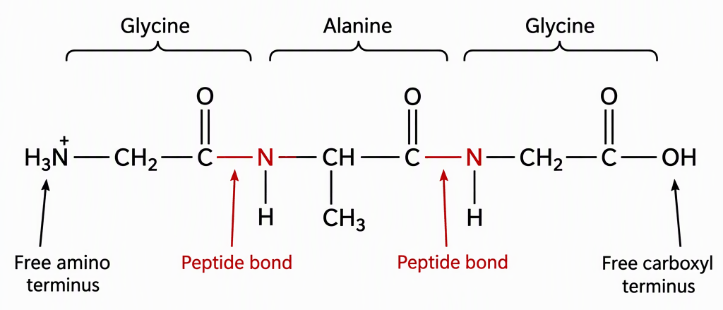 The expanded structural formula of linear Gly–Ala–Gly with its glycine, alanine and glycine residues labelled, the two carbonyl–nitrogen peptide bonds highlighted, and the free amino and carboxyl termini labelled.