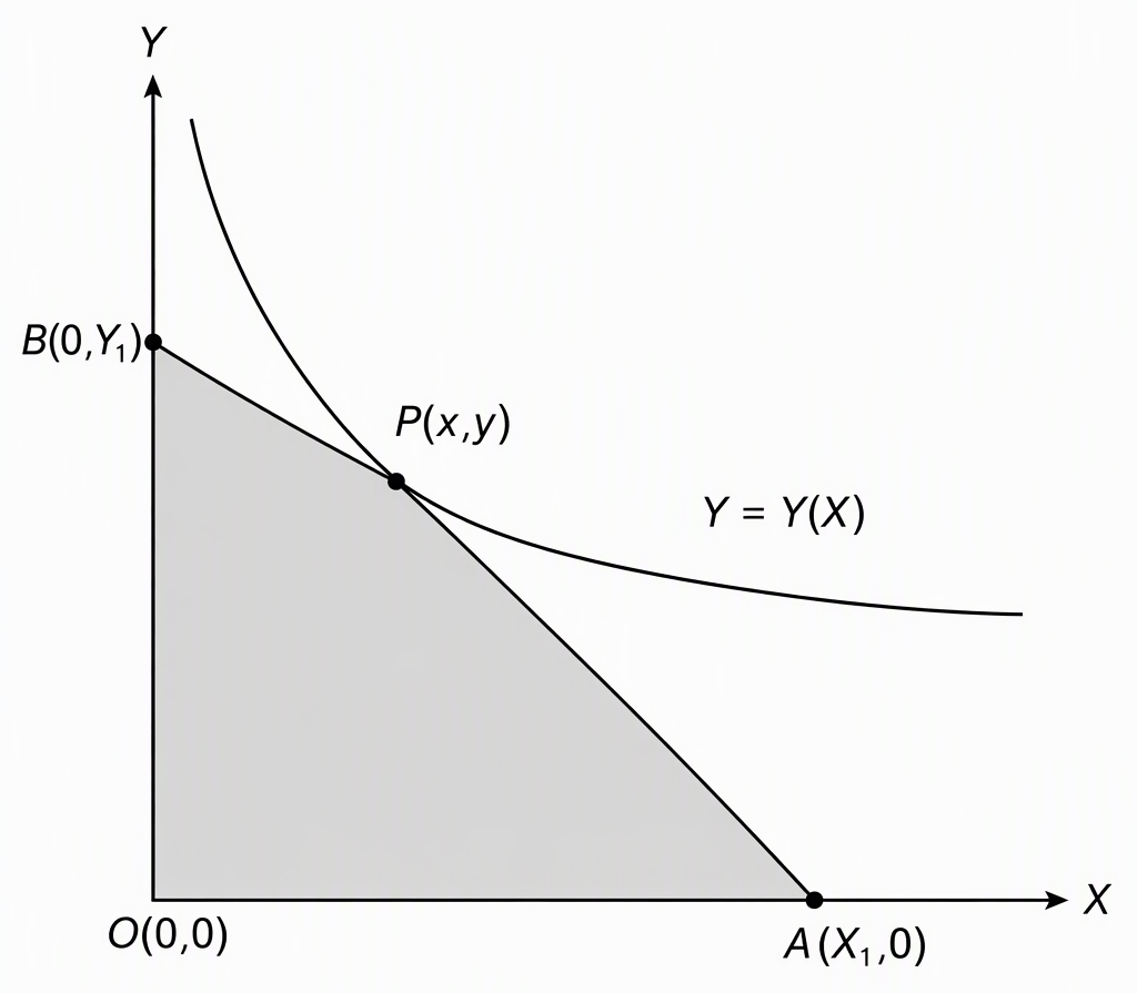 A schematic first-quadrant point P(x,y) on a curve Y=Y(X), its tangent meeting the horizontal X-axis at A(X₁,0) and the vertical Y-axis at B(0,Y₁), and the origin O(0,0), shading triangle OAB and marking positive intercepts as the configuration assumed by the supplied area