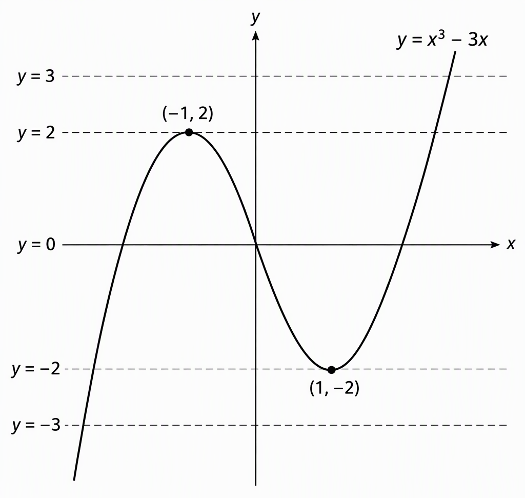 Plot y=x^3-3x on axes labelled x and y, mark the turning points (-1,2) and (1,-2), and show horizontal lines labelled y=3, y=2, y=0, y=-2 and y=-3 to distinguish one, two and three intersections.