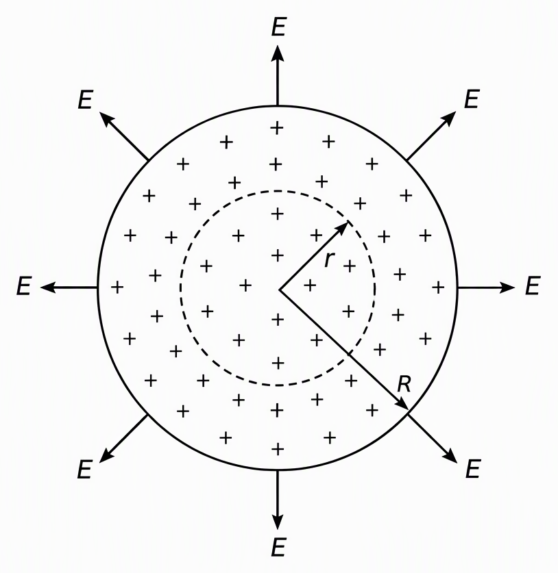 A uniformly charged nonconducting solid sphere of radius R shown in cross-section with evenly spaced positive charge marks, a concentric dashed Gaussian sphere of radius r less than R, and equal outward radial electric-field arrows on the Gaussian surface labelled E