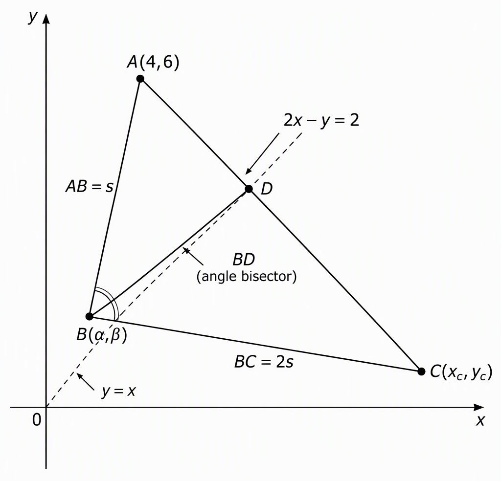 Triangle ABC on coordinate axes with A(4,6), B(α,β) on y=x beyond D away from the origin, C(x_c,y_c) on the extension of AD beyond D, side AC labelled 2x−y=2, D labelled at AC∩{y=x}, segment BD labelled internal angle bisector with equal angle arcs at B, and side lengths AB=s