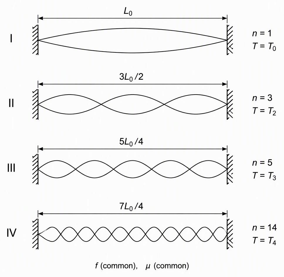 Four separate horizontal strings fixed between rigid supports at both ends, labelled I through IV with respective lengths L0, 3L0/2, 5L0/4 and 7L0/4, harmonic numbers 1, 3, 5 and 14, and tensions T0, T2, T3 and T4, with a shared note identifying common frequency f and common