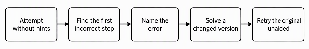 A left-to-right revision flow with five labelled boxes, “Attempt without hints”, “Find the first incorrect step”, “Name the error”, “Solve a changed version” and “Retry the original unaided”, connected by arrows in that order.