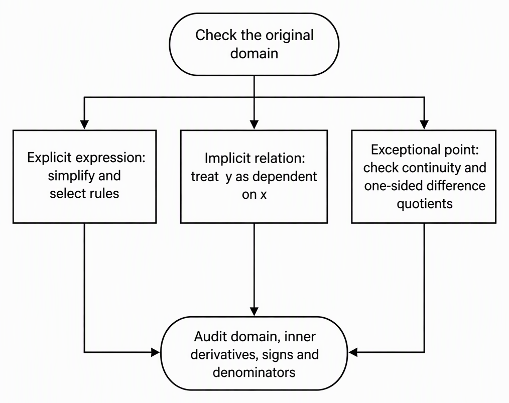A decision flowchart starting with “Check the original domain”, branching into “Explicit expression: simplify and select rules”, “Implicit relation: treat y as dependent on x”, and “Exceptional point: check continuity and one-sided difference quotients”, with all three routes