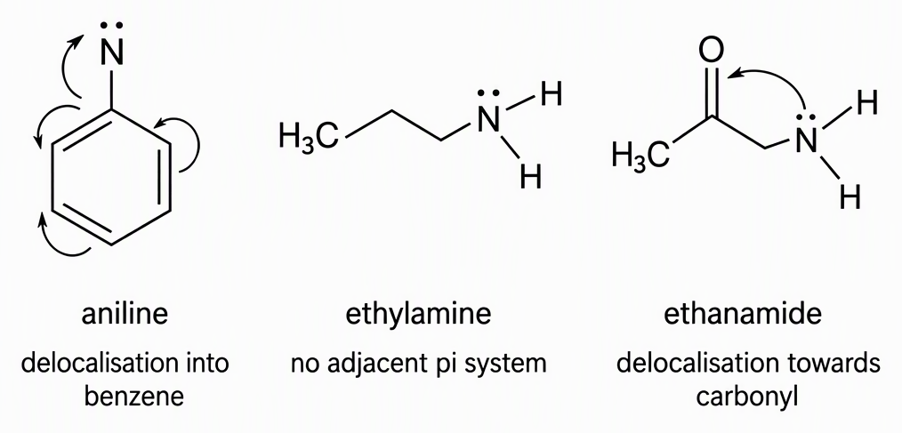 Side-by-side structures of aniline, ethylamine and ethanamide with each nitrogen lone pair marked, aniline labelled “delocalisation into benzene”, ethylamine labelled “no adjacent pi system” and ethanamide labelled “delocalisation towards carbonyl”.