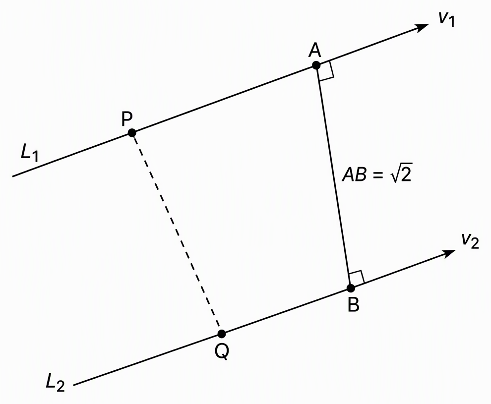 A schematic pair of nonparallel skew lines L1 and L2 through labelled points P and Q with direction arrows v1 and v2, a dashed connector PQ, and a common perpendicular AB with A on L1, B on L2, right-angle markers at both ends and length AB = sqrt(2), noting that the sketch is