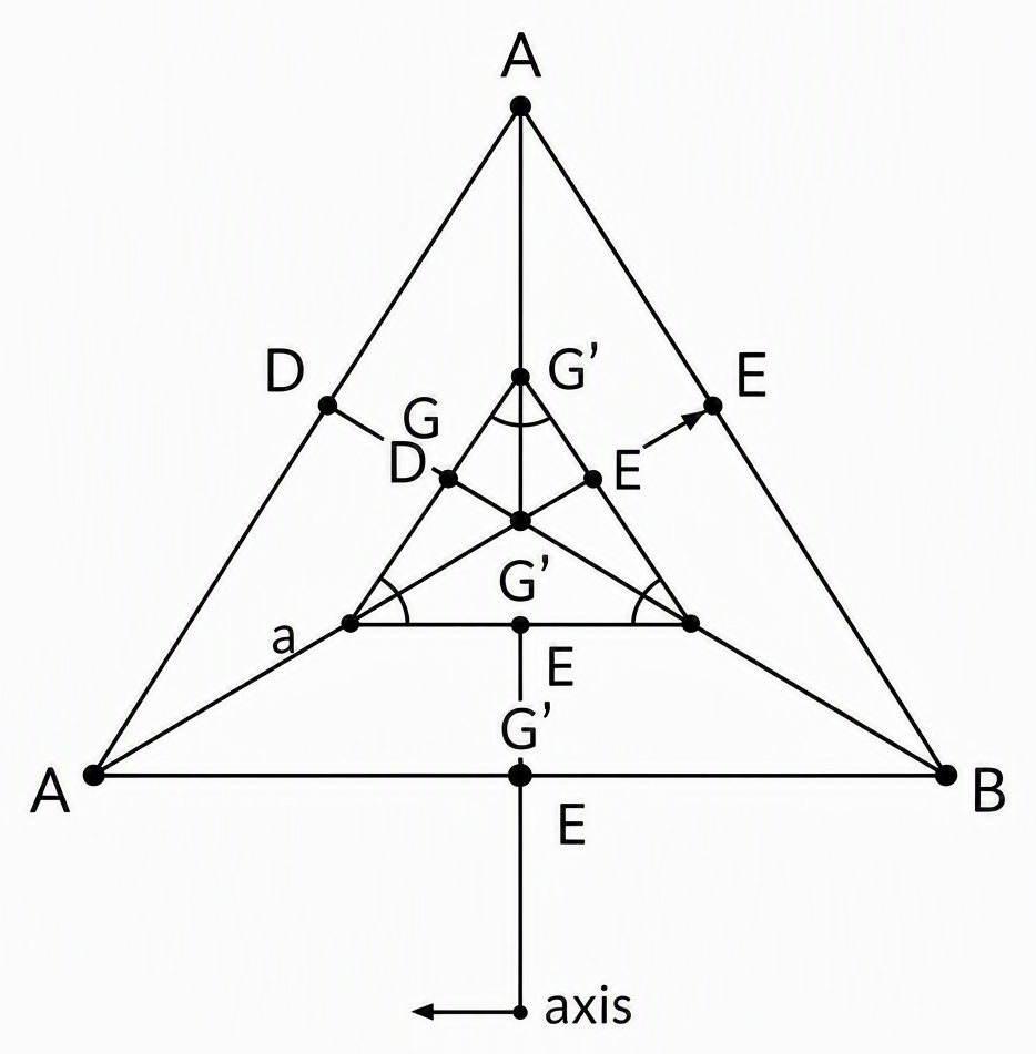 Equilateral triangle ABC with side a, D midpoint of AB, E midpoint of AC, G centroid of ABC, G' centroid of smaller equilateral triangle ADE of side a/2; all vertices, midpoints and both centroids clearly labelled, axis shown perpendicular to plane at G.
