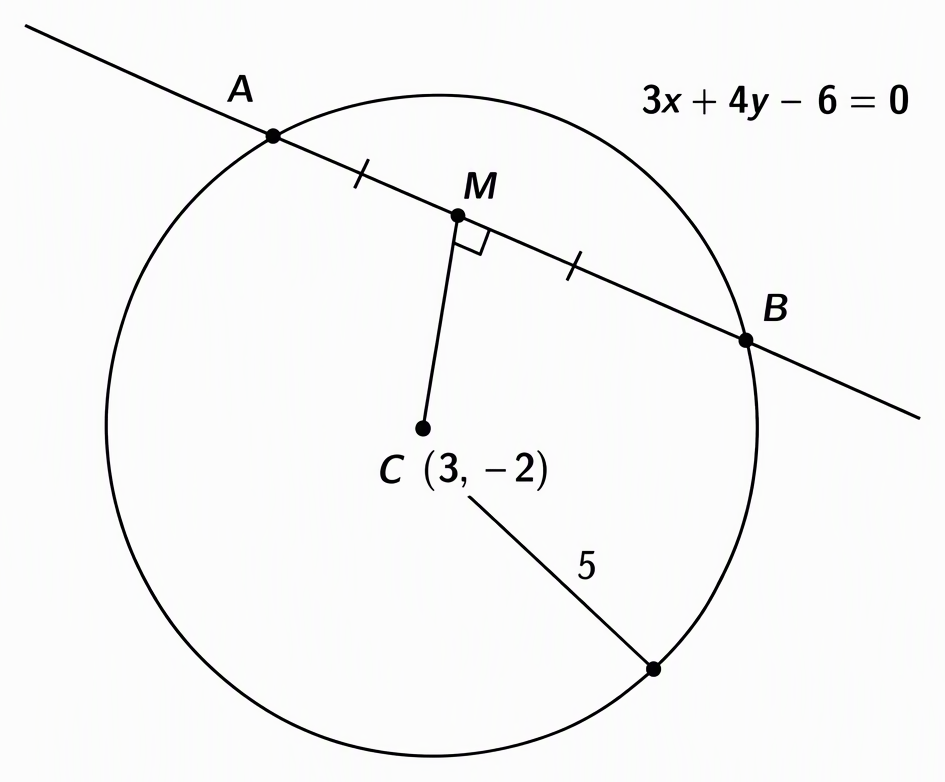A circle with centre C labelled (3,−2) and radius 5, a secant labelled 3x+4y−6=0 meeting it at A and B, and perpendicular CM meeting AB at M with a right-angle mark and equal-length marks on AM and MB.