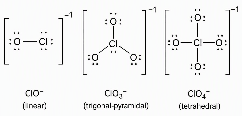 A side-by-side molecular-shape schematic of hypochlorite, chlorate and perchlorate, labelling every atom Cl or O, showing linear ClO⁻ with three lone pairs on Cl, trigonal-pyramidal ClO₃⁻ with one lone pair on Cl, and tetrahedral ClO₄⁻ with no lone pair on Cl, using