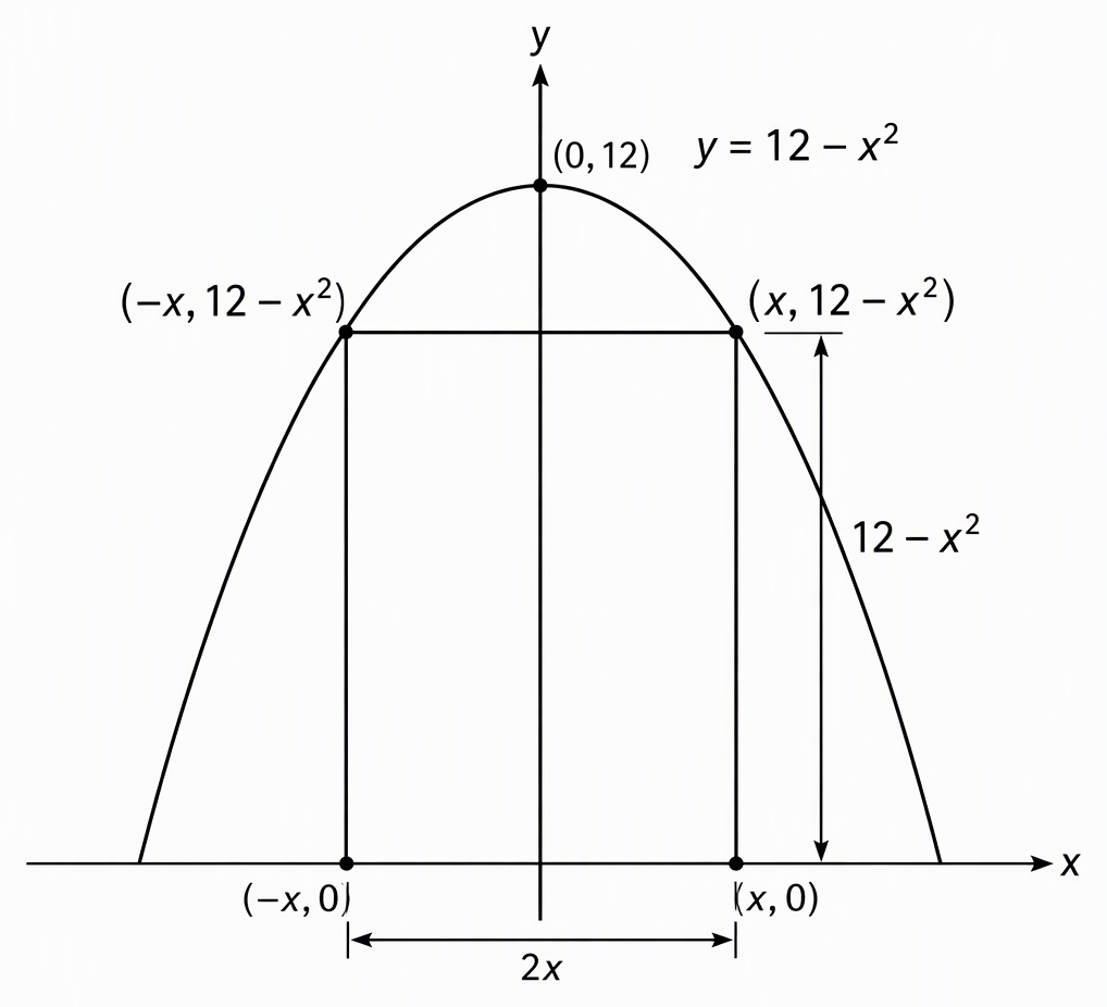 A rectangle under the parabola labelled y = 12 − x², with lower vertices labelled (−x, 0) and (x, 0), upper vertices labelled (−x, 12 − x²) and (x, 12 − x²), horizontal width labelled 2x and vertical height labelled 12 − x².