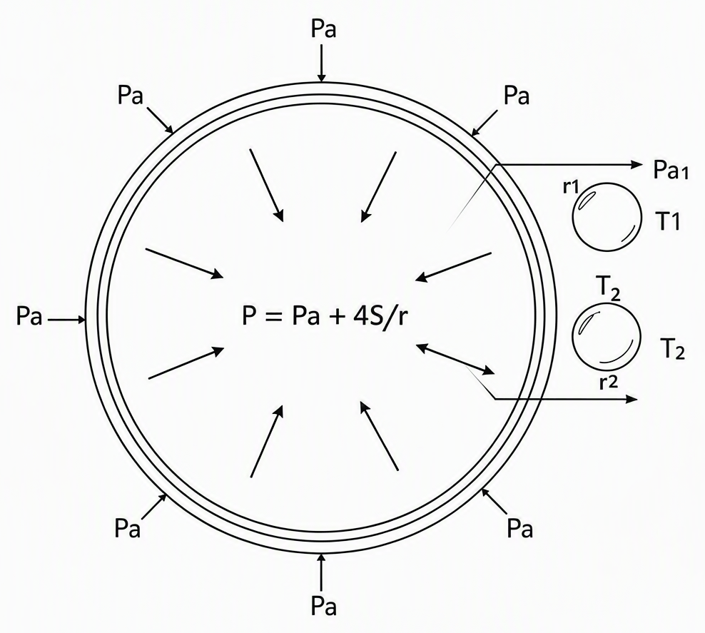Spherical soap bubble of radius r with two liquid-air surfaces, atmospheric pressure Pa acting outside, internal gas pressure P = Pa + 4S/r, labels for r1/T1 at Pa1 and r2/T2 at Pa2, arrows showing excess pressure inward from surface tension