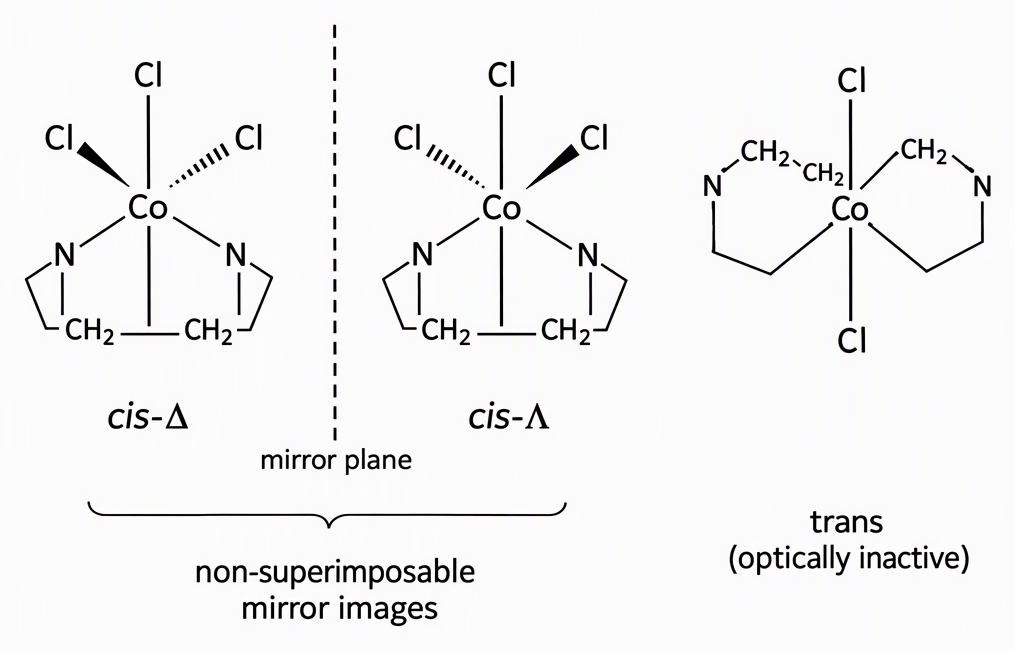 Three octahedral cobalt complexes showing cis-Delta and cis-Lambda on either side of a labelled mirror plane and the trans form separately, with every cobalt labelled Co, every chlorido donor labelled Cl, every nitrogen donor labelled N, each en ligand shown as an explicit