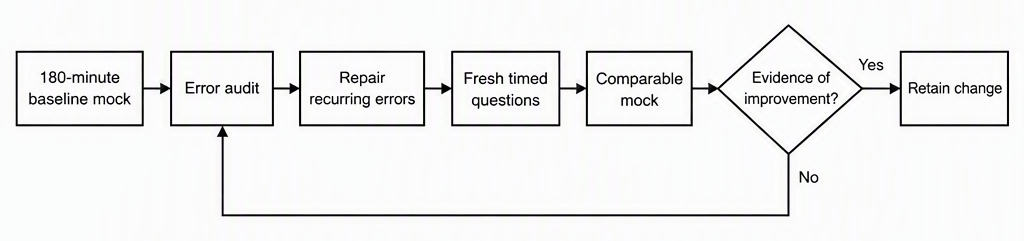 A flowchart linking “180-minute baseline mock” to “Error audit” to “Repair recurring errors” to “Fresh timed questions” to “Comparable mock”, followed by a decision labelled “Evidence of improvement?” with “Yes” leading to “Retain change” and “No” looping back to “Error audit”.