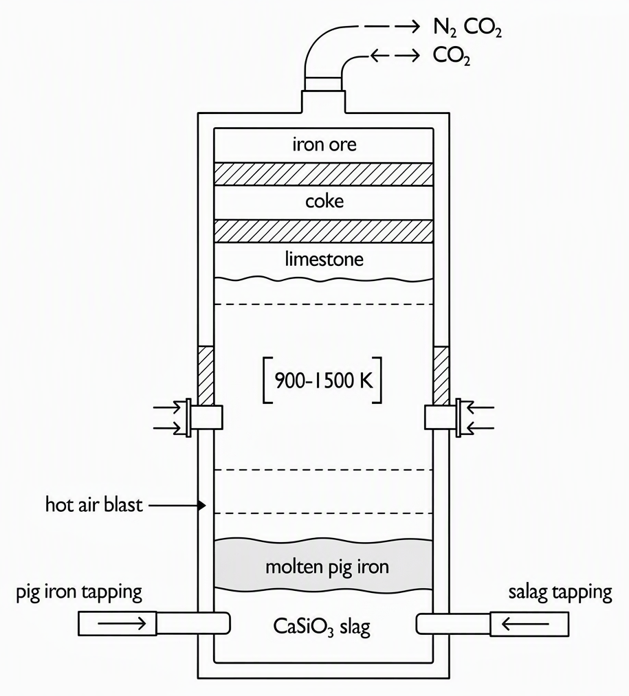 Vertical cross-section of blast furnace with iron ore, coke and limestone charged from top, hot air blast entering near bottom, 900-1500 K zone marked in central region, molten pig iron and CaSiO3 slag at base with separate tapping points, exhaust gases labelled as N2, CO and