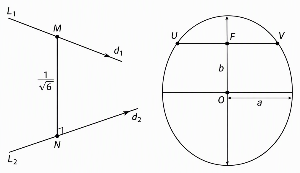 A two-panel schematic showing skew lines L₁ and L₂ as two distinct nonparallel spatial lines with direction arrows d₁ and d₂ and their common perpendicular MN labelled 1/√6, where M lies on L₁ and N lies on L₂, alongside an ellipse centred at O with horizontal semi-axis a