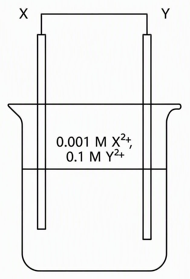 Beaker holding a mixed aqueous solution labelled 0.001 M X²⁺ and 0.1 M Y²⁺ with one metal rod labelled X on the left and one labelled Y on the right, both dipping into the solution and joined at the top by a straight conducting wire