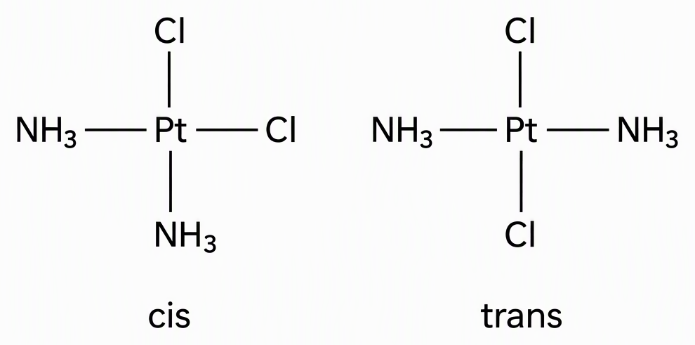 Two square-planar structures with Pt at each centre, the cis structure labelled cis with Cl at the top and right and NH3 at the bottom and left, and the trans structure labelled trans with Cl at the top and bottom and NH3 at the left and right.