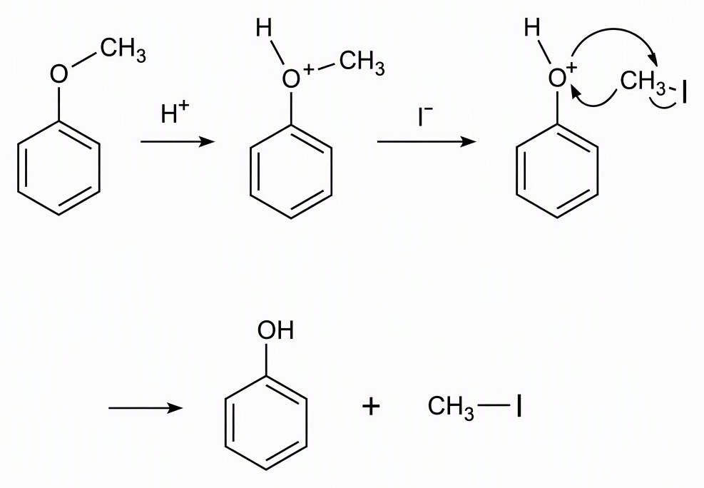 Anisole with its oxygen bonded to a phenyl group and a methyl group, followed by oxygen protonation and iodide attack at the methyl carbon, with curved arrows showing methyl–oxygen bond cleavage and products labelled phenol and methyl iodide.