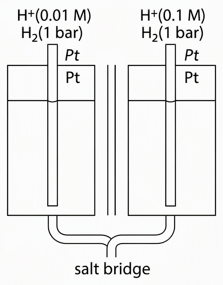 Two Pt electrodes in separate compartments joined by a salt bridge; left compartment has H+(0.01 M) and 1 bar H2, right has H+(0.1 M) and 1 bar H2; labels for each concentration, pressure, and the double vertical line for the junction.
