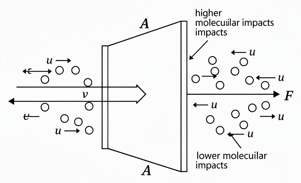A thin flat plate of area A moving with velocity vector v normal to its faces through rarefied gas under constant force F; the leading face (front) is labeled as receiving higher molecular impacts, the trailing face (back) labeled as receiving lower impacts, gas molecules shown