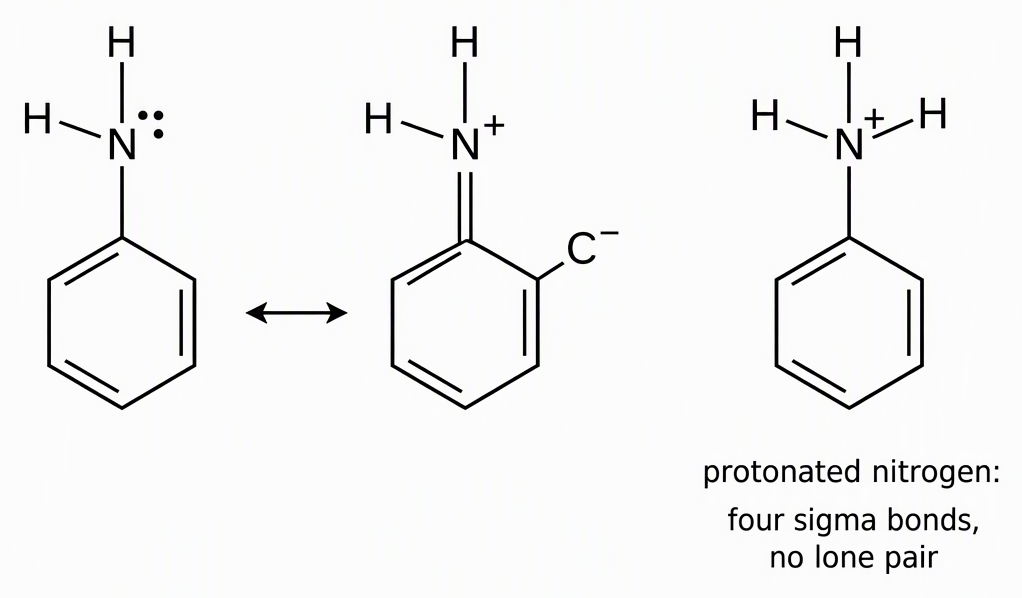 Aniline with its nitrogen lone pair beside a charge-separated resonance contributor having a nitrogen-to-ring double bond, positive nitrogen and negative ortho carbon, followed separately by anilinium labelled “protonated nitrogen: four sigma bonds, no lone pair”.