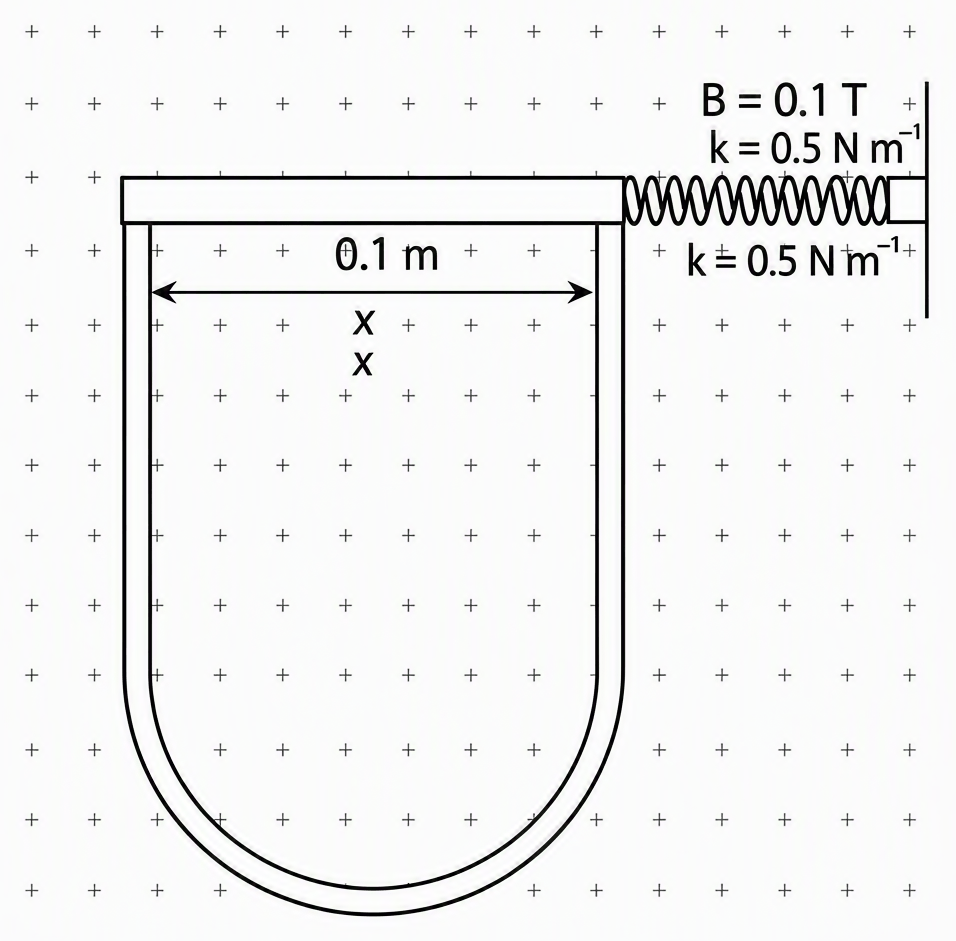 Horizontal U-shaped conducting wire of negligible resistance holds a sliding conducting strip of length 0.1 m connected on one side to a spring of constant 0.5 N m^{-1}; uniform 0.1 T magnetic field is perpendicular into the page, displacement from equilibrium labelled x