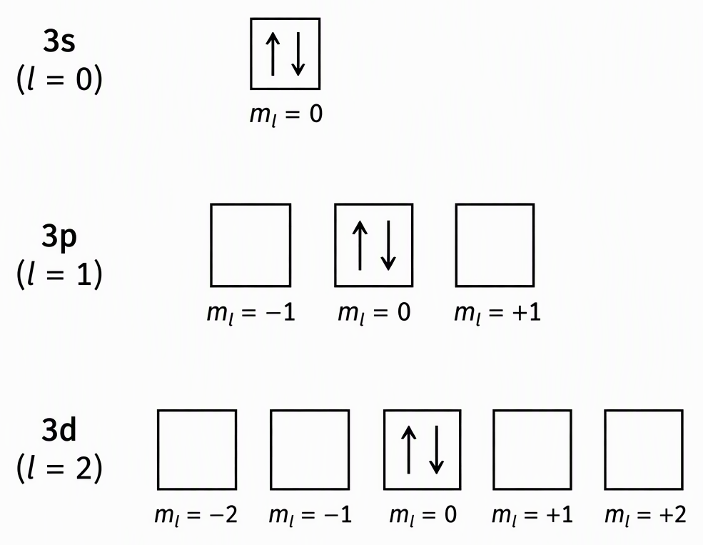Three rows labelled 3s with l=0, 3p with l=1 and 3d with l=2, showing respectively one, three and five orbital boxes labelled by their allowed magnetic quantum numbers, with only the m_l=0 box highlighted in each row and containing two opposite-spin arrows.