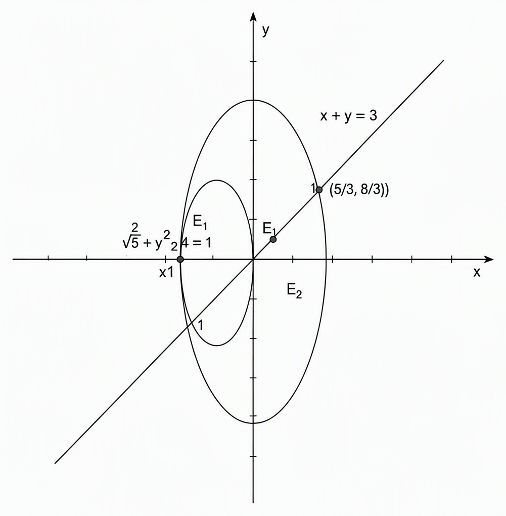 Two axis-aligned ellipses, E1 given by x²/5 + y²/4 = 1 and E2 given by x²/1 + y²/8 = 1, touched externally by the common tangent line x + y = 3 at the respective points of contact (5/3, 4/3) on E1 and (1/3, 8/3) on E2, with all axis labels, ellipse equations, tangent equation