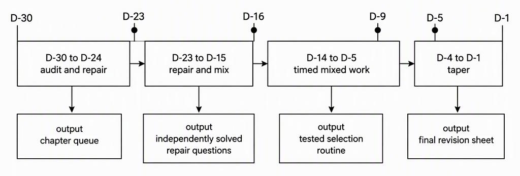 A four-stage horizontal timeline labelled D-30 to D-24 audit and repair with output chapter queue, D-23 to D-15 repair and mix with output independently solved repair questions, D-14 to D-5 timed mixed work with output tested selection routine, and D-4 to D-1 taper with output