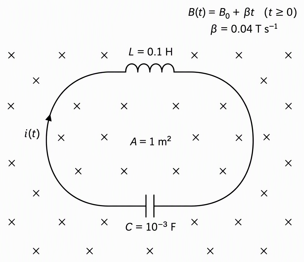 A closed planar loop containing an ideal inductor labelled L = 0.1 H and capacitor labelled C = 10^-3 F, label its enclosed area A = 1 m², show crosses representing the perpendicular field into the page labelled B(t) = B₀ + βt for t ≥ 0 with β = 0.04 T s⁻¹, and mark a