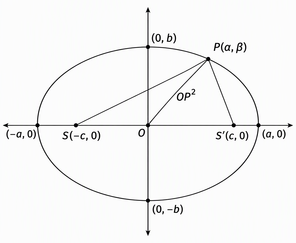An ellipse centred at O with horizontal major axis, label its intercepts (±a,0) and (0,±b), its foci S(−c,0) and S′(c,0), and a first-quadrant point P(α,β), joining P to both foci and marking OP as the distance whose square is required.