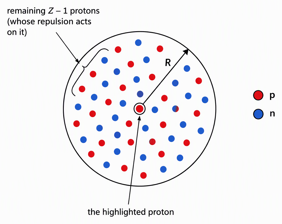 A spherical nucleus with uniformly distributed proton dots labelled p and neutron dots labelled n, mark its radius R from the centre to the surface, highlight one proton, and label the other proton dots collectively as the remaining Z−1 protons whose repulsion acts on it.