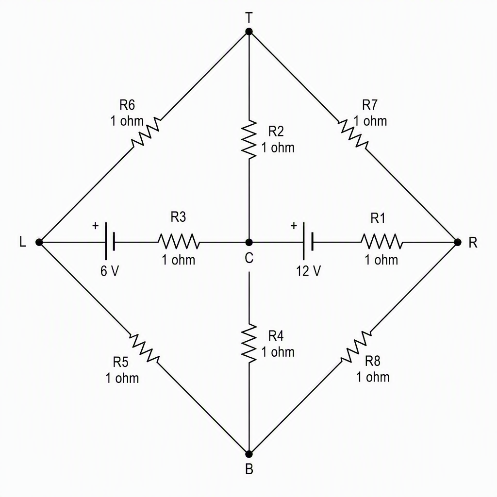 A diamond circuit with top node T, bottom node B, left node L, right node R and centre node C, showing R6 on L-T, R7 on T-R, R8 on R-B, R5 on B-L, R2 on T-C, R4 on C-B, and the L-C branch containing the 6 V battery positive at L followed by R3 while the C-R branch contains the 12