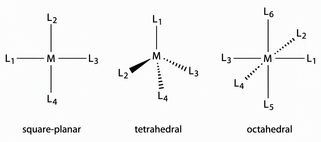 Three labelled panels showing a central metal M with ligands L1–L4 on the positive and negative x and y axes for square-planar geometry, L1–L4 at the vertices of a tetrahedron with wedge-and-dash bonds for tetrahedral geometry, and L1–L6 on the positive and negative x, y and z