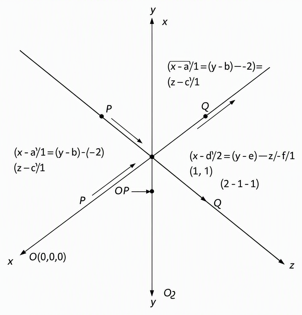 A straight line passing through the origin O(0,0,0) intersects the first given line at point P and the second given line at point Q; the symmetric equations of both lines are shown beside them together with direction vectors (1,-2,1) and (2,-1,1), and position vectors of P and Q