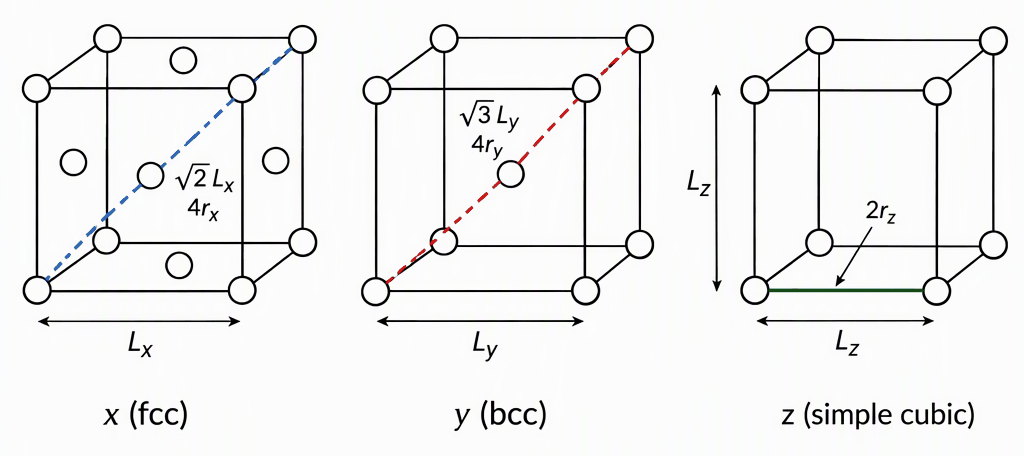 Three schematic cubic cells side by side, not to a common scale, showing x (fcc) with corner and face-centre atoms and a highlighted face-diagonal contact chain labelled √2 L_x and 4r_x, y (bcc) with corner and body-centre atoms and a highlighted body-diagonal contact chain