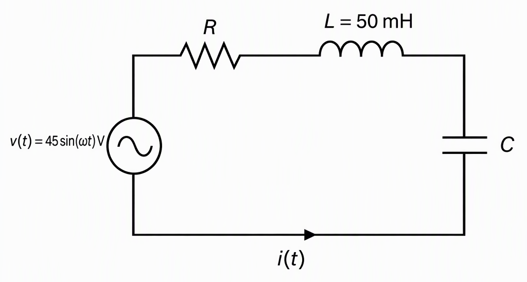 One closed series loop containing an AC source labelled v(t) = 45 sin(ωt) V, a resistor labelled R, an inductor labelled L = 50 mH and a capacitor labelled C, with a current arrow labelled i(t).